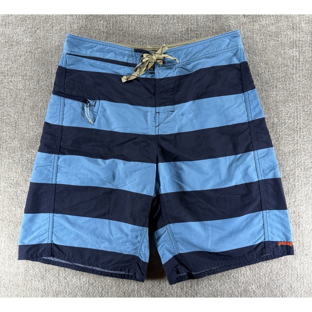 Patagonia Mens 32 Board Shorts Blue Navy Striped Swim Trunks Surf‎ Beach